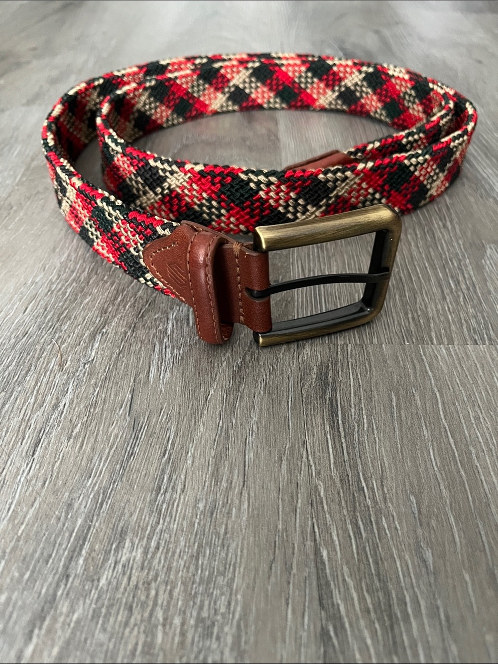 J & M Woven Braided Belt Size 40, Red/Olive Green/Tan Pattern